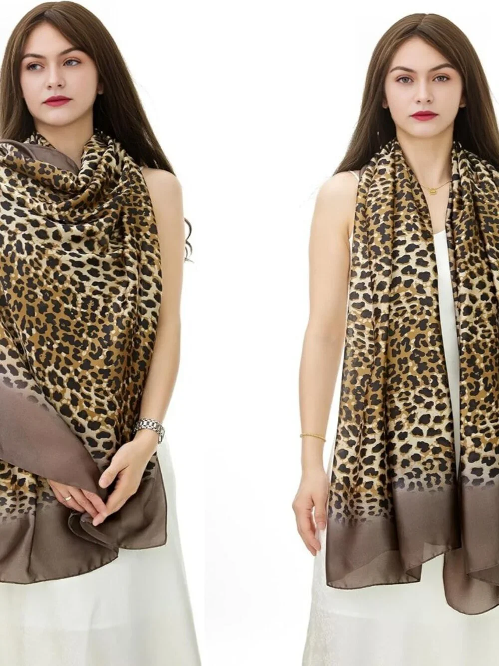 Women's Brown-Leopar Scarve Long Skinny Silky Lightweight Sunscreen Shawls Wraps